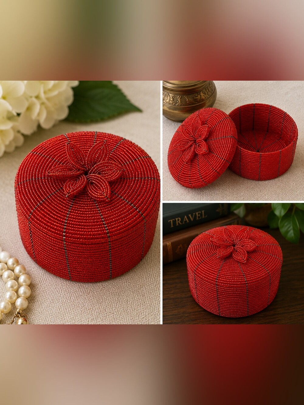 Vintage Style Red Glass Seed Beaded Trinket Jewelry Box Floral Lid